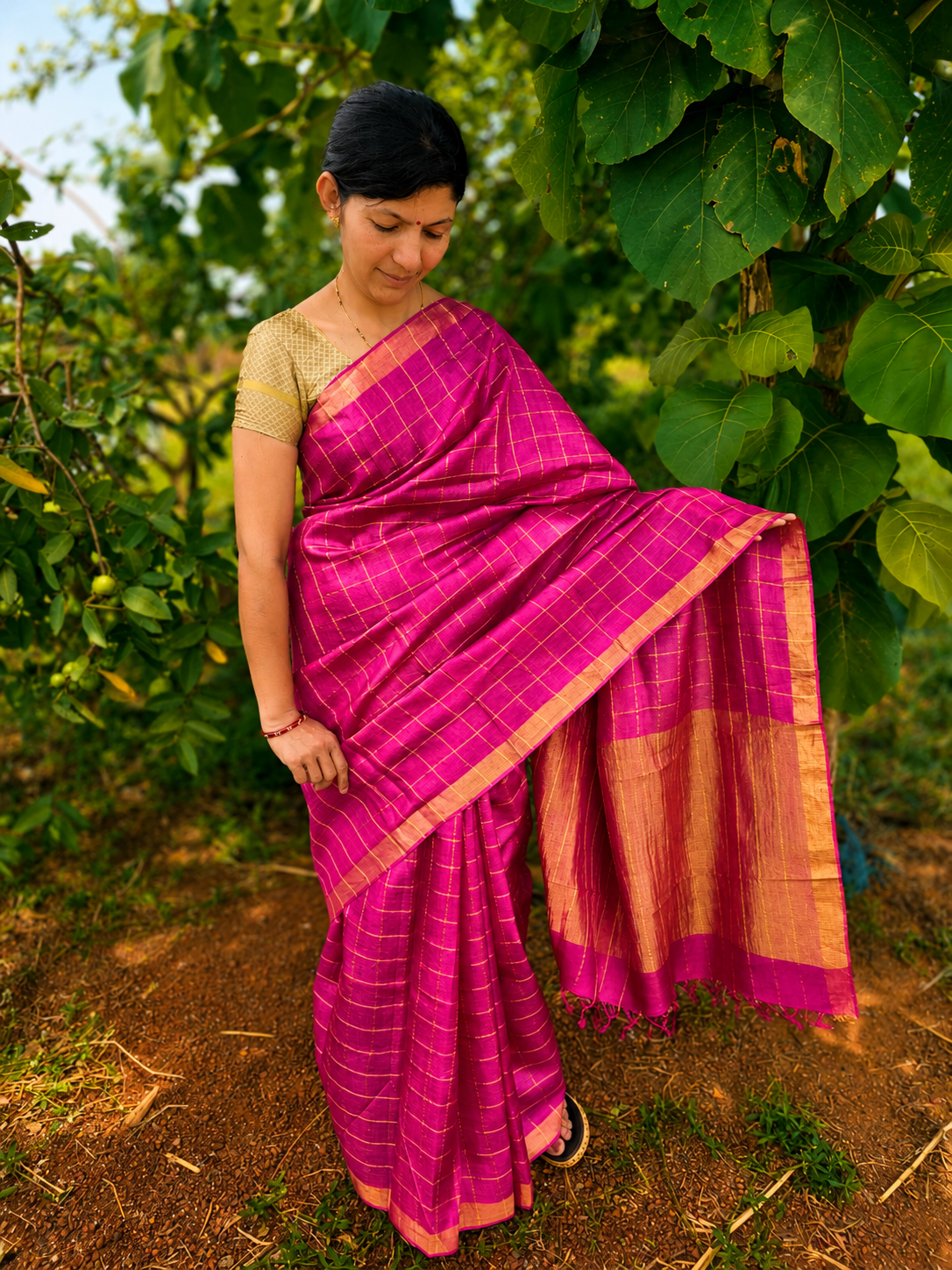 Pure Handloom Tussar Zari Checks Saree with Handpainted Kalamkari Blouse