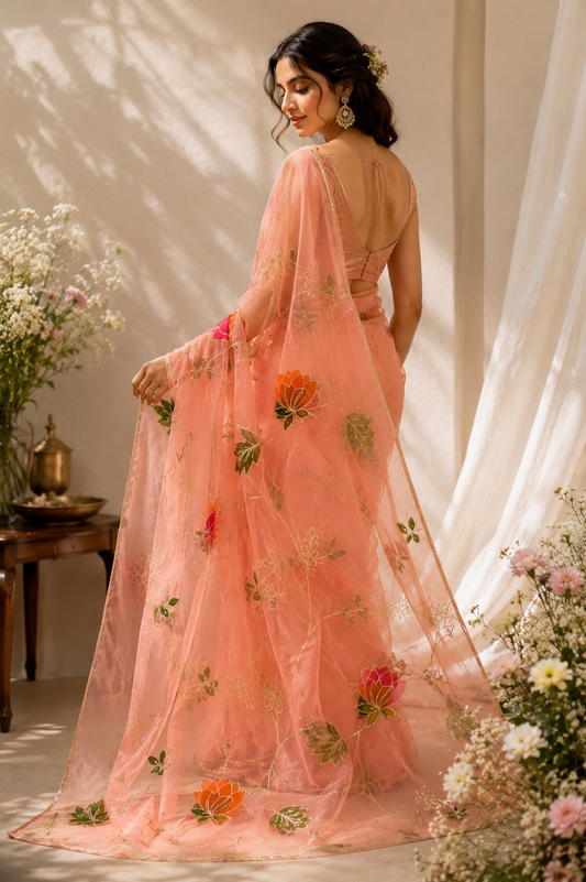 Royal Blush Handpainted Gota Patti Georgette Saree