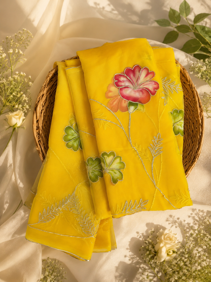 Royal Sunehri Blossom Handpainted Gota Patti Georgette Saree