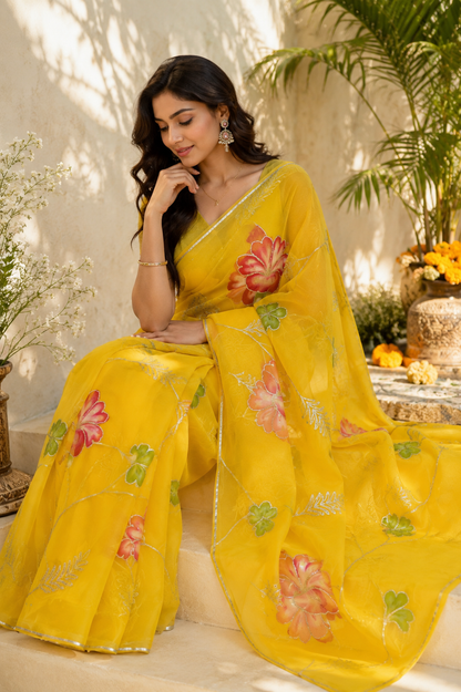 Royal Sunehri Blossom Handpainted Gota Patti Georgette Saree