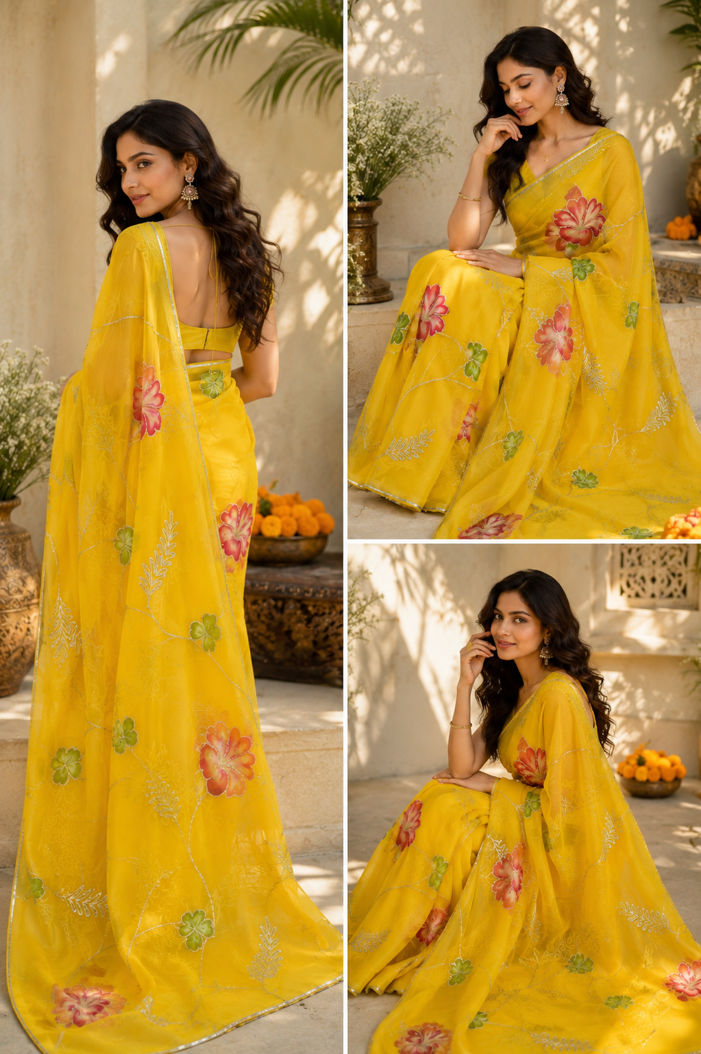 Royal Sunehri Blossom Handpainted Gota Patti Georgette Saree
