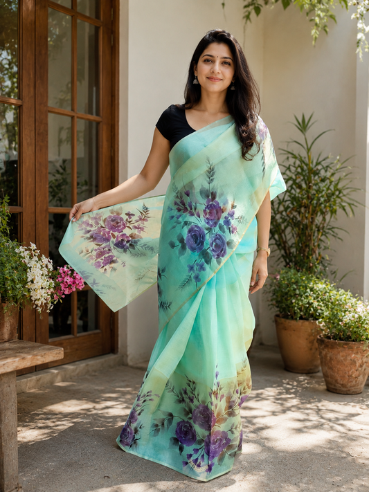Pure Tussar Organza Handpainted Saree