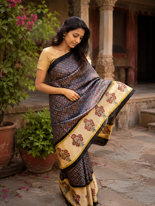 Pure Tussar Silk Grey Printed Saree