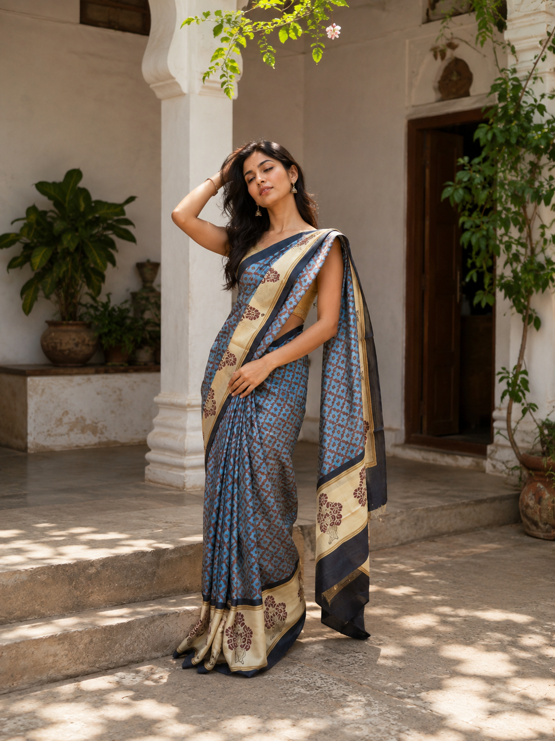 Pure Tussar Silk Grey Printed Saree