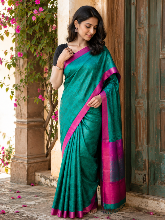 Pure Tussar Silk Green Printed Saree