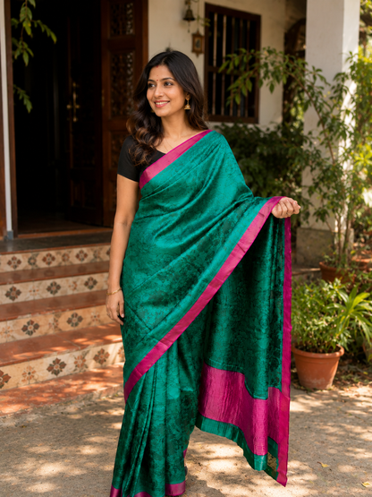 Pure Tussar Silk Green Printed Saree