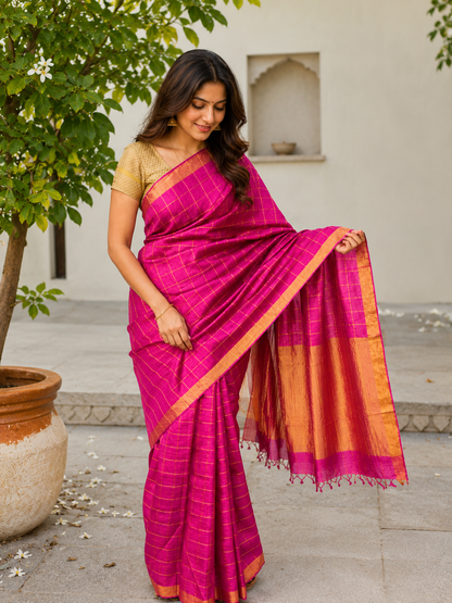 Pure Handloom Tussar Zari Checks Saree with Handpainted Kalamkari Blouse