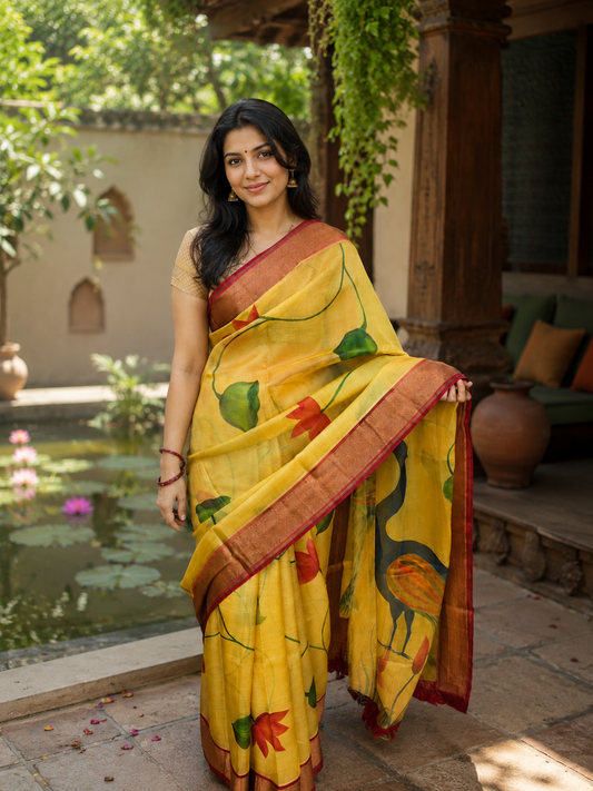 Pure Tussar Silk Handpainted Saree