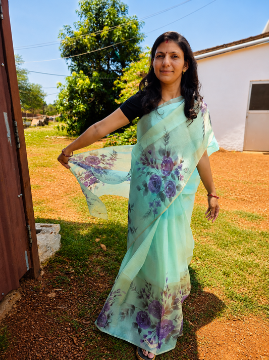 Pure Tussar Organza Handpainted Saree
