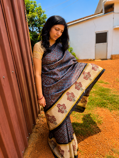 Pure Tussar Silk Grey Printed Saree