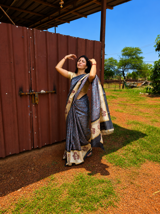 Pure Tussar Silk Grey Printed Saree