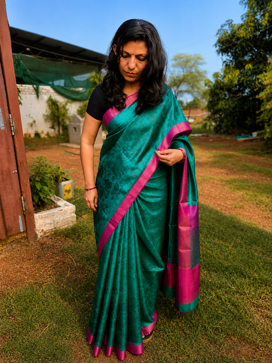 Pure Tussar Silk Green Printed Saree
