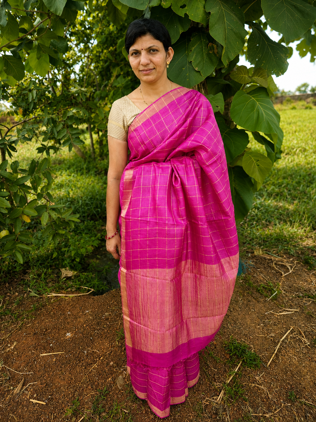 Pure Handloom Tussar Zari Checks Saree with Handpainted Kalamkari Blouse