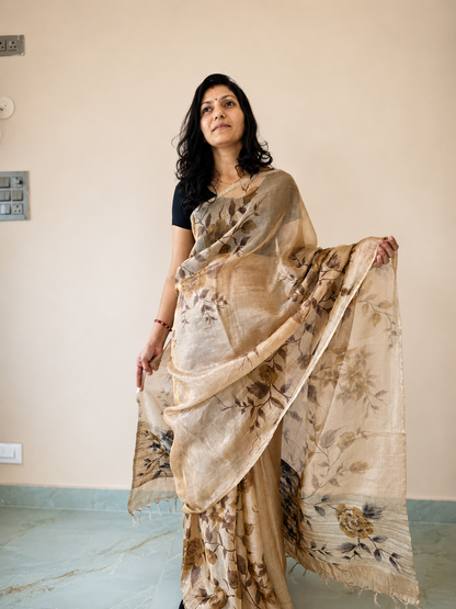 Pure Tussar Tissue Silk Hand Painted Saree