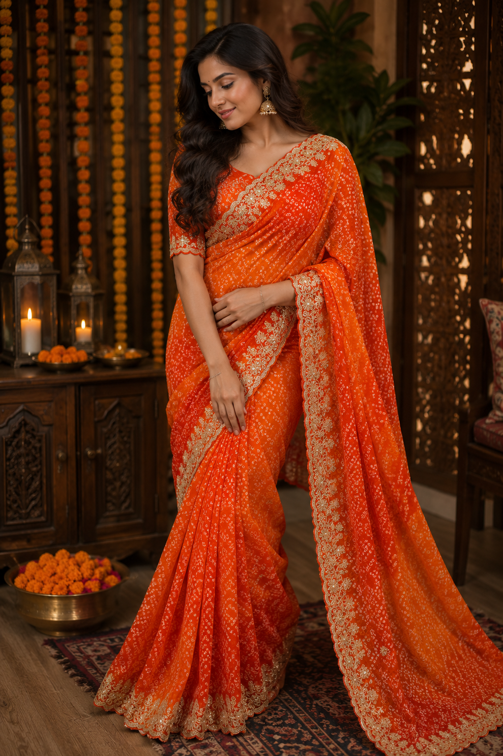 Royal Kesariya Bandhej Georgette Saree