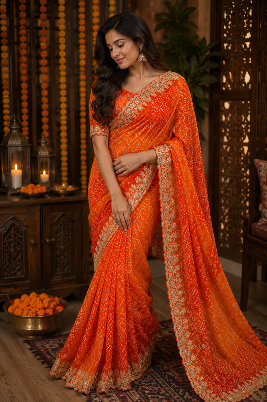 Royal Kesariya Bandhej Georgette Saree