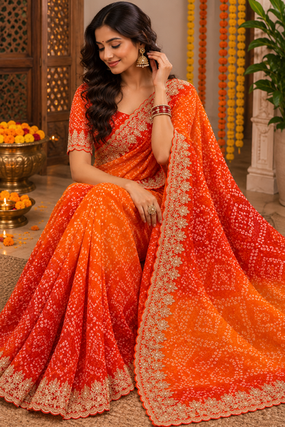 Royal Kesariya Bandhej Georgette Saree