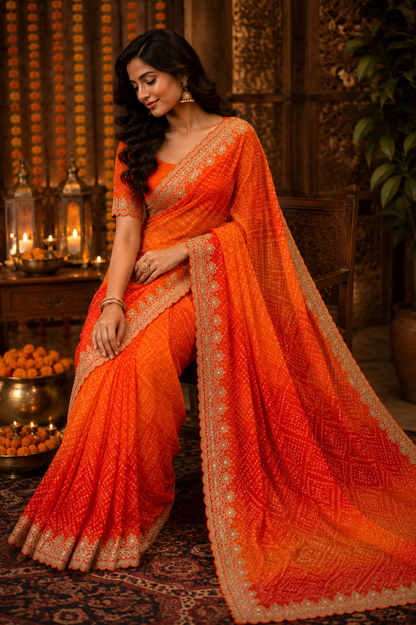 Royal Kesariya Bandhej Georgette Saree
