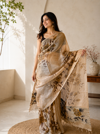 Pure Tussar Tissue Silk Hand Painted Saree