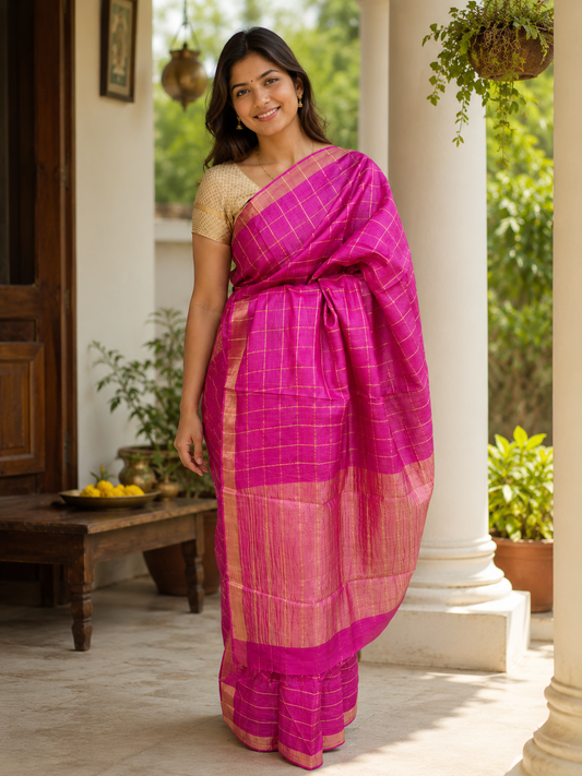Pure Handloom Tussar Zari Checks Saree with Handpainted Kalamkari Blouse