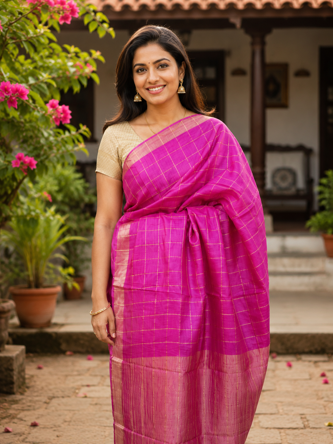 Pure Handloom Tussar Zari Checks Saree with Handpainted Kalamkari Blouse